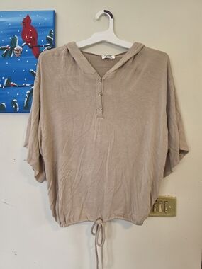 Casual Beige Hooded Top with Drawstring